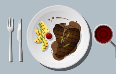 Kırmızı şarap, vektör, illüstrasyon ile plaka üzerinde ızgara sığır eti, t-bone biftek ve baharat servis