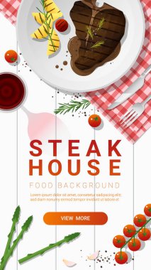Grilled beef, t-bone steak and spices with red wine on white table background , vector , illustration clipart
