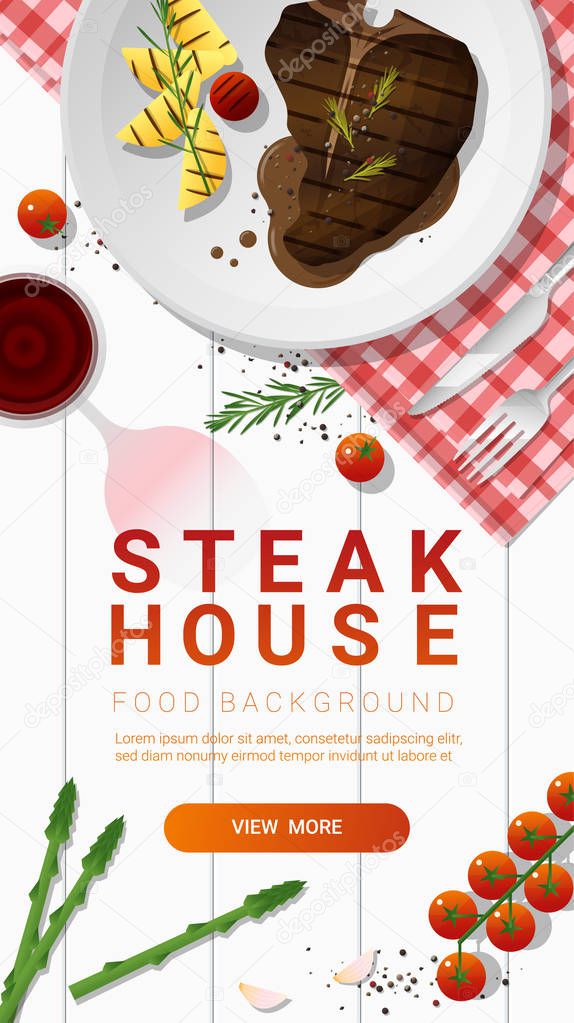 Grilled beef, t-bone steak and spices with red wine on white table background , vector , illustration