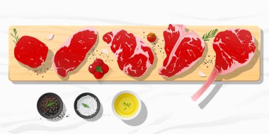 Ham sığır eti biftek, bonfile, şerit loin, kaburga, t-bone ve tomahawk ile baharat mermer taş arka plan, vektör, illüstrasyon ahşap kesme tahtası üzerinde