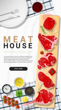 Ham sığır eti biftek, bonfile, şerit loin, kaburga, t-bone ve tomahawk ile baharat mermer taş arka plan, vektör, illüstrasyon ahşap kesme tahtası üzerinde