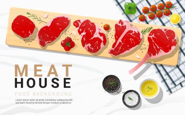 Ham sığır eti biftek, bonfile, şerit loin, kaburga, t-bone ve tomahawk ile baharat mermer taş arka plan, vektör, illüstrasyon ahşap kesme tahtası üzerinde