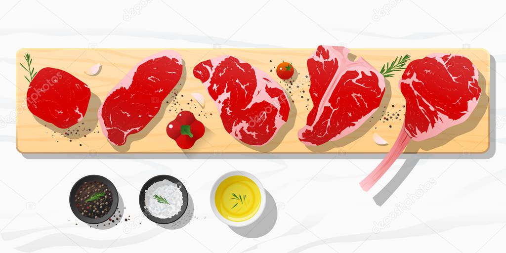 Raw beef steaks, tenderloin, strip loin, rib eye, t-bone and tomahawk with seasoning on wooden cutting board on marble stone background, vector, illustration