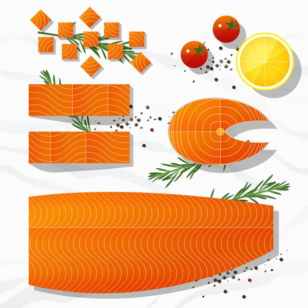 Set Pesce Fresco Crudo Salmone Spezie Isolato Fondo Pietra Marmo — Vettoriale Stock