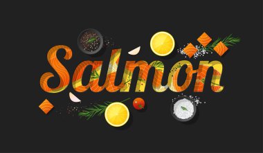 Taze çiğ Somon Balık ve baharat koyu arka plan, vektör, illüstrasyon Word somon tasarım süslenmiş