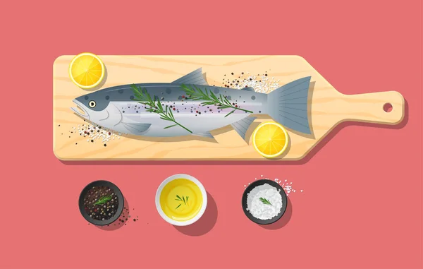 Poisson Saumon Cru Frais Épices Sur Planche Découper Bois Préparation — Image vectorielle