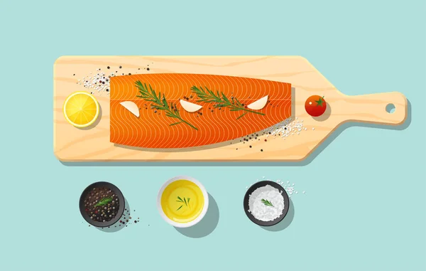 Świeże Ryby Łosoś Surowy Przyprawy Drewnianą Deską Krojenia Przygotowywania Posiłków — Wektor stockowy