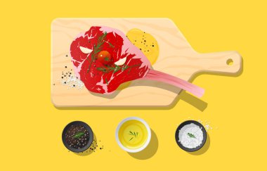 Taze çiğ et, tomahawk biftek ve baharat ahşap kesme tahtası, gıda hazırlama, vektör, illüstrasyon