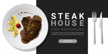 Izgara sığır eti, t-bone biftek ve baharat servis tabak, yemek arka plan, vektör, illüstrasyon