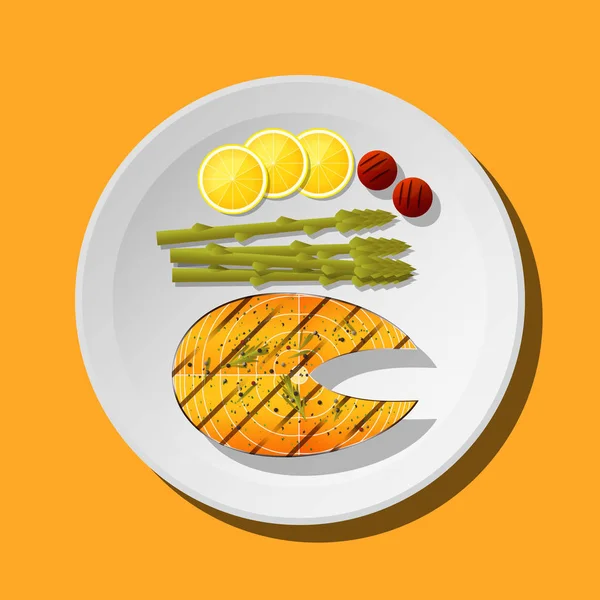Grilled Salmon Steak Vegetables Spices Served Plate Vector Illustration — Stock Vector