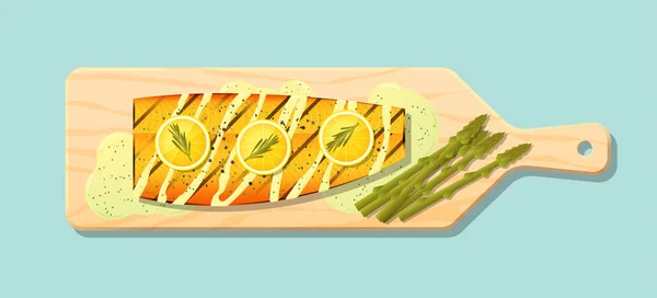 烤鲑鱼牛排配蔬菜和香料在木制切割板上 — 图库矢量图片