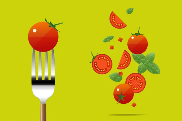 Verse Tomaat Vork Met Vliegende Tomaten Achtergrond Begrip Van Gezond — Stockvector