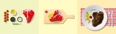 Dizi t-bone biftek tarifi, yemek hazırlama ve kaplama, vektör, illüstrasyon