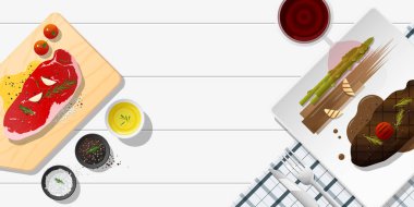 Çiğ taze et ve ızgara et fileto biftek beyaz masa, sağlıklı gıda arka plan, vektör, şekil şerit