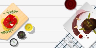 Çiğ taze et ve ızgara et bonfile biftek beyaz masa, sağlıklı gıda arka plan, vektör, illüstrasyon