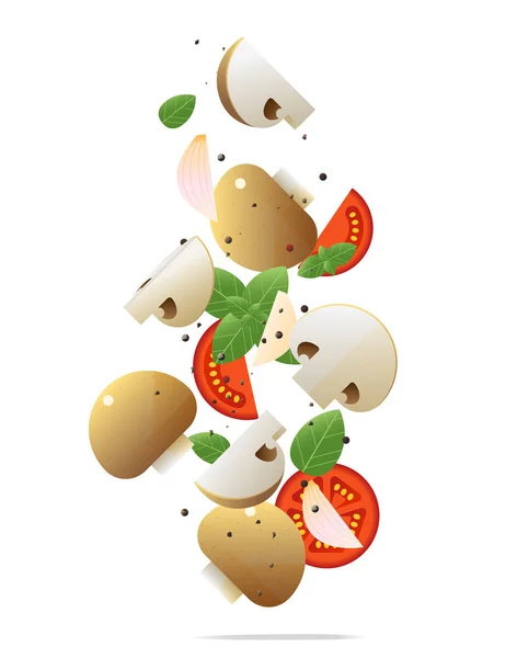 飞行新鲜蘑菇和香料概念 健康食物背景 — 图库矢量图片