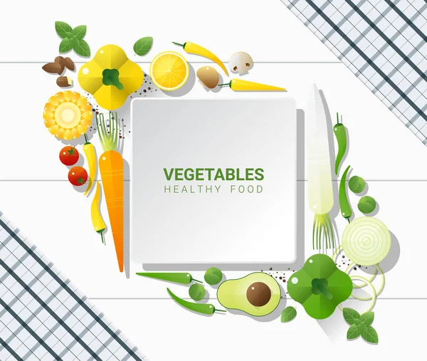 Плоский Шар Свіжі Овочі Фоні Білого Столу Концепція Здорової Їжі — стоковий вектор