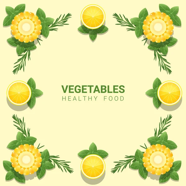 Плоский Шар Свіжі Овочі Жовтому Фоні Концепція Здорової Їжі Вектор — стоковий вектор