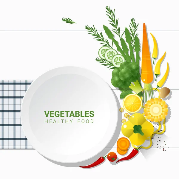 Плоский Шар Свіжі Овочі Фоні Білого Столу Концепція Здорової Їжі — стоковий вектор