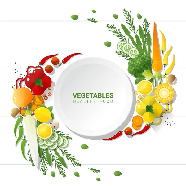 Pose Plate Légumes Frais Sur Fond Blanc Concept Alimentation Saine — Image vectorielle