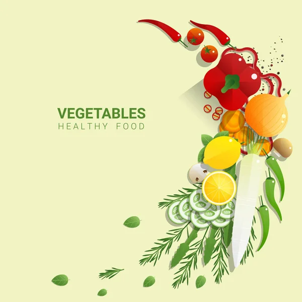 Lapos Laikus Friss Zöldség Zöld Háttér Egészséges Élelmiszerek Fogalmát Vektor — Stock Vector