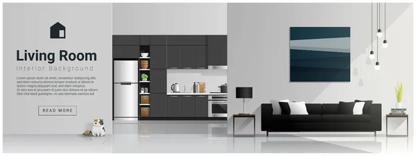 Diseño Interior Con Sala Estar Moderna Fondo Cocina Vector Ilustración — Vector de stock
