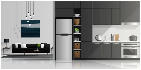 Haus Innenraum Szene Mit Moderner Küche Und Wohnzimmer Vektor Illustration — Stockvektor