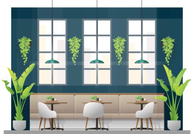 Masa ve sandalyeler için müşteri, vektör, illüstrasyon ile modern restoran iç sahne