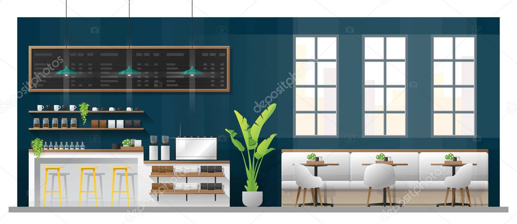Interior scene of modern coffee shop with counter bar , tables and chairs , vector , illustration
