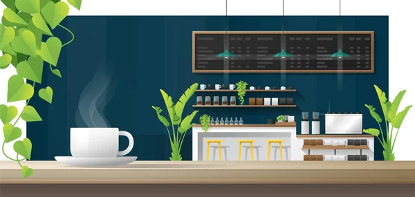 Xícara Café Mesa Madeira Com Fundo Café Interior Vetor Ilustração — Vetor de Stock