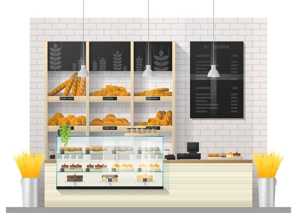 Escena Interior Panadería Moderna Con Mostrador Vector Ilustración — Archivo Imágenes Vectoriales