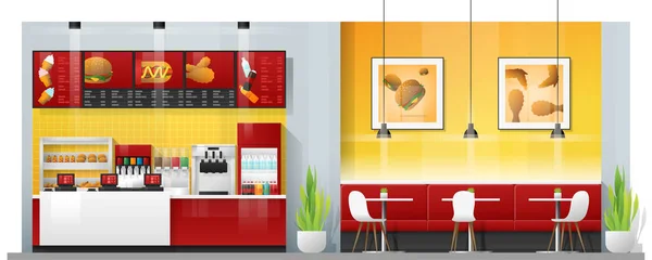 Escena Interior Restaurante Moderno Comida Rápida Con Mostrador Mesas Sillas — Vector de stock