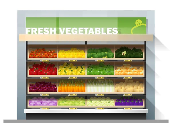 Fresh Vegetables Sale Display Shelf Supermarket Vector Illustration — Stock Vector