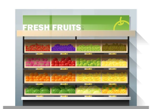 Fresh Fruits Sale Display Shelf Supermarket Vector Illustration — Stock Vector