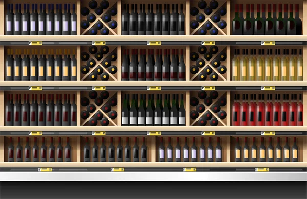 Varias Botellas Exhibición Vino Estante Supermercado Vector Ilustración — Vector de stock