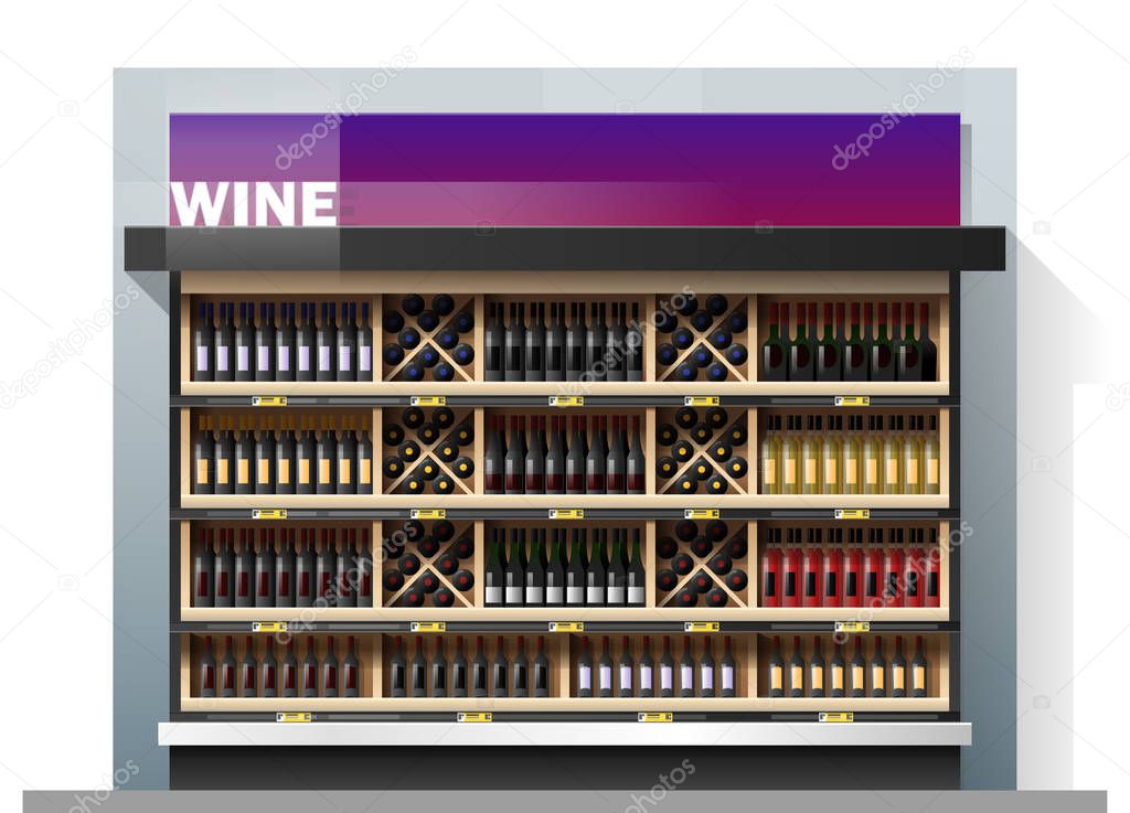 Various bottles of wine display on shelf in supermarket , vector , illustration