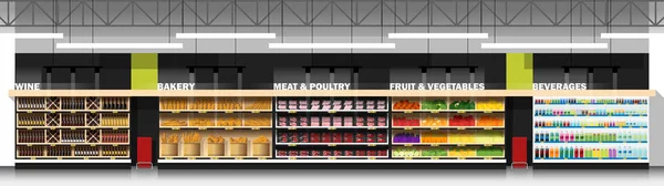 Wnętrze Sceny Nowoczesny Supermarket Produktów Wektor Ilustracja — Wektor stockowy