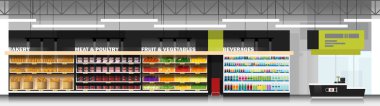Modern süpermarket ürünleri ve Kasiyer sayacı, vektör, illüstrasyon iç sahne