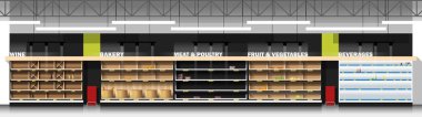 Modern süpermarket boş rafları, vektör, illüstrasyon iç sahne