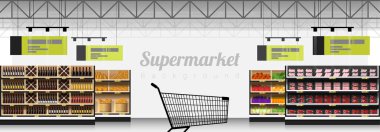 Modern süpermarket ürünleri arka plan, vektör, illüstrasyon iç sahne