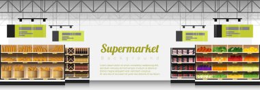 Modern süpermarket ürünleri arka plan, vektör, illüstrasyon iç sahne
