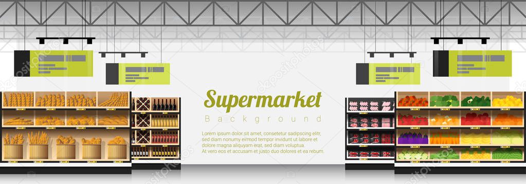 Interior scene of modern supermarket with products background , vector , illustration