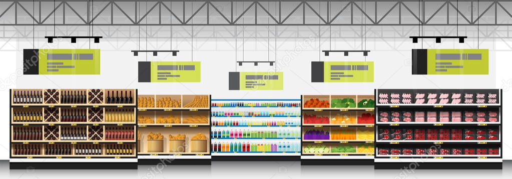 Interior scene of modern supermarket with products background , vector , illustration