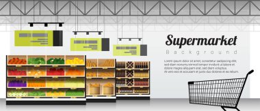 Modern süpermarket ürünleri ve alışveriş sepeti arka plan, vektör, illüstrasyon