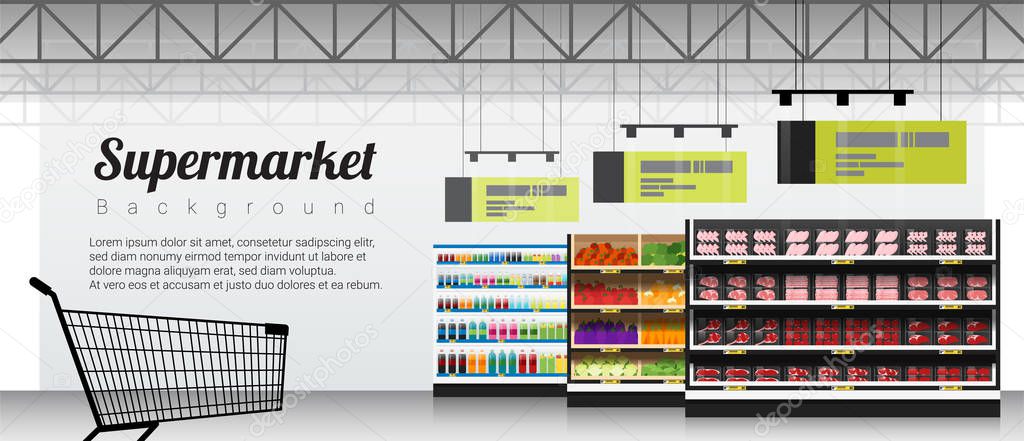 Modern supermarket with products and shopping cart background , vector , illustration