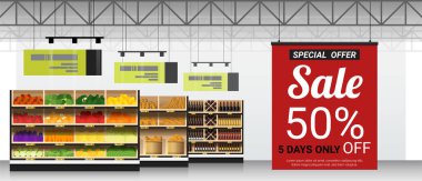 Promosyon işaret modern süpermarket arka plan, vektör, illüstrasyon