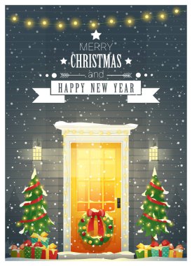 Süslü Noel ön kapı, vektör, illüstrasyon ile neşeli Noel ve mutlu yeni yıl arka plan