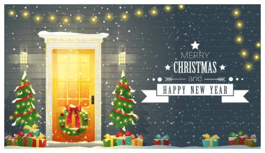 Süslü Noel ön kapı, vektör, illüstrasyon ile neşeli Noel ve mutlu yeni yıl arka plan