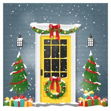 Süslü Noel ön kapı, vektör, illüstrasyon ile neşeli Noel ve mutlu yeni yıl arka plan