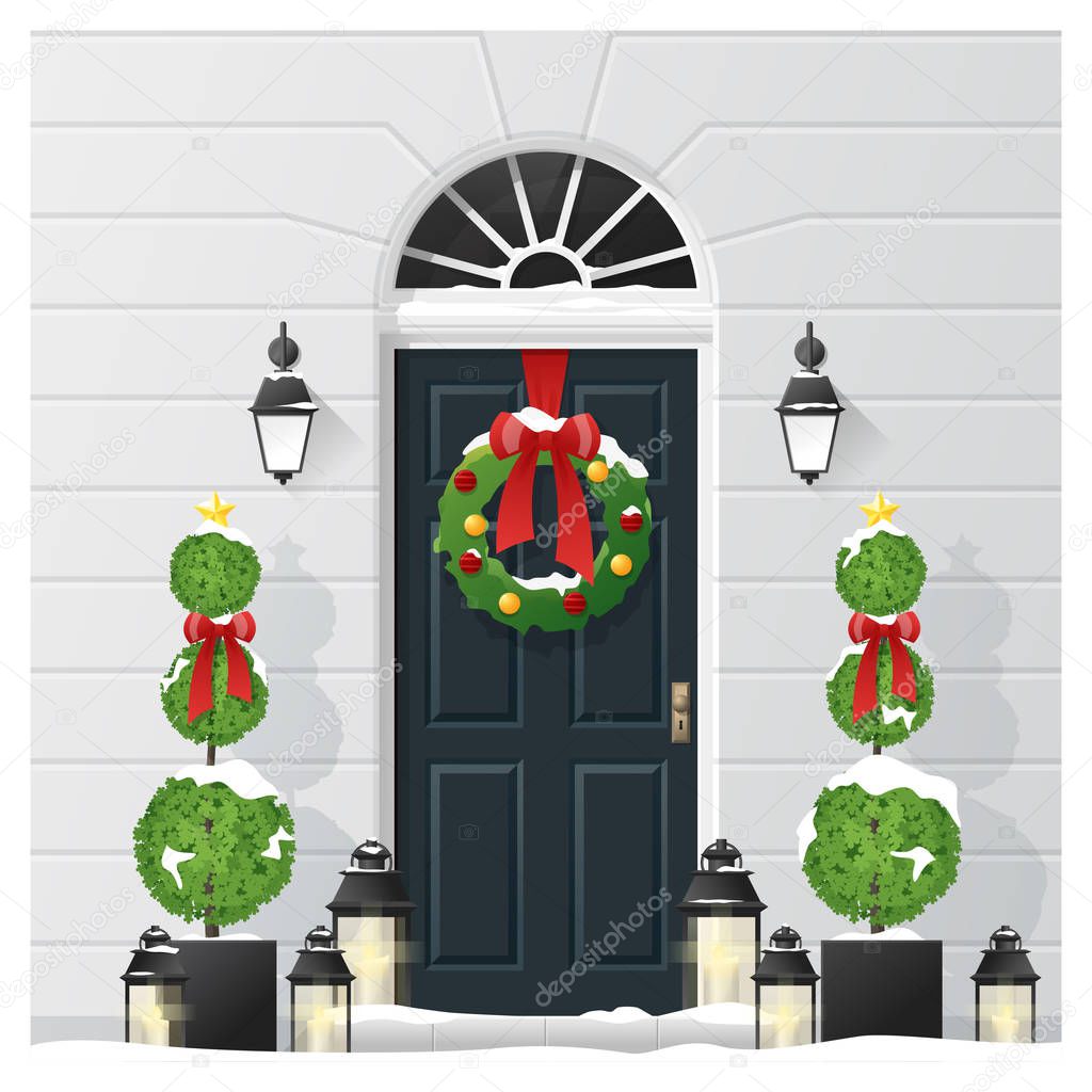 Merry Christmas and Happy New Year background with decorated Christmas front door , vector , illustration